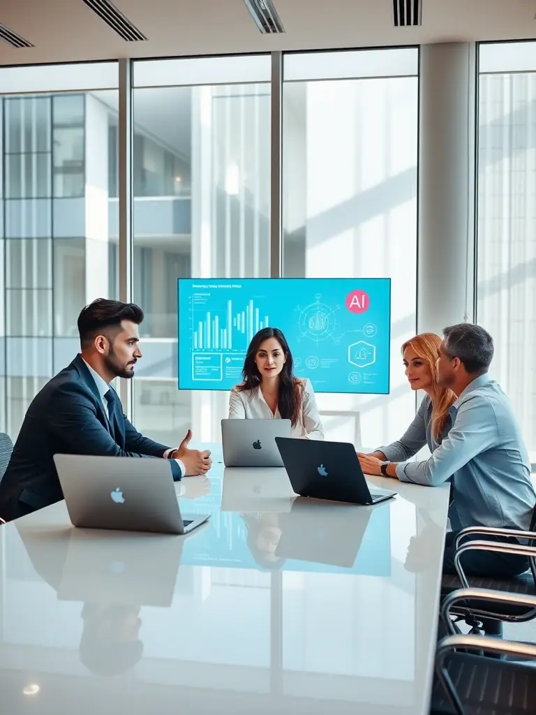 A diverse team of AI specialists and industry veterans collaborating in a modern, sunlit office, brainstorming innovative solutions for agricultural challenges, reflecting Olam Bό Lev's collaborative and forward-thinking approach.