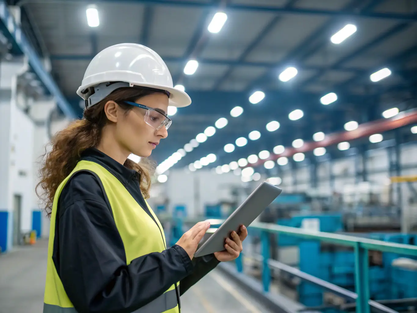 A manufacturing plant manager is reviewing production data on a tablet, with a holographic AI interface overlaid on the screen. The image conveys the integration of AI in manufacturing processes.