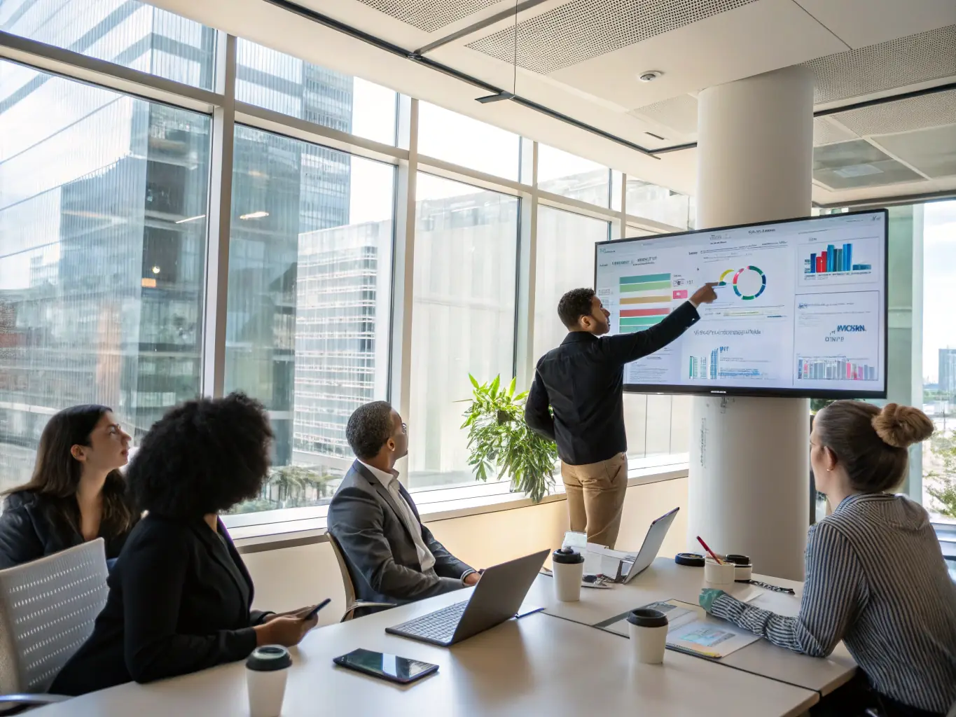 A consultant is presenting AI solutions to a group of agriculture leaders in a conference room, using a large screen to display data visualizations and AI models. The setting is professional and informative.
