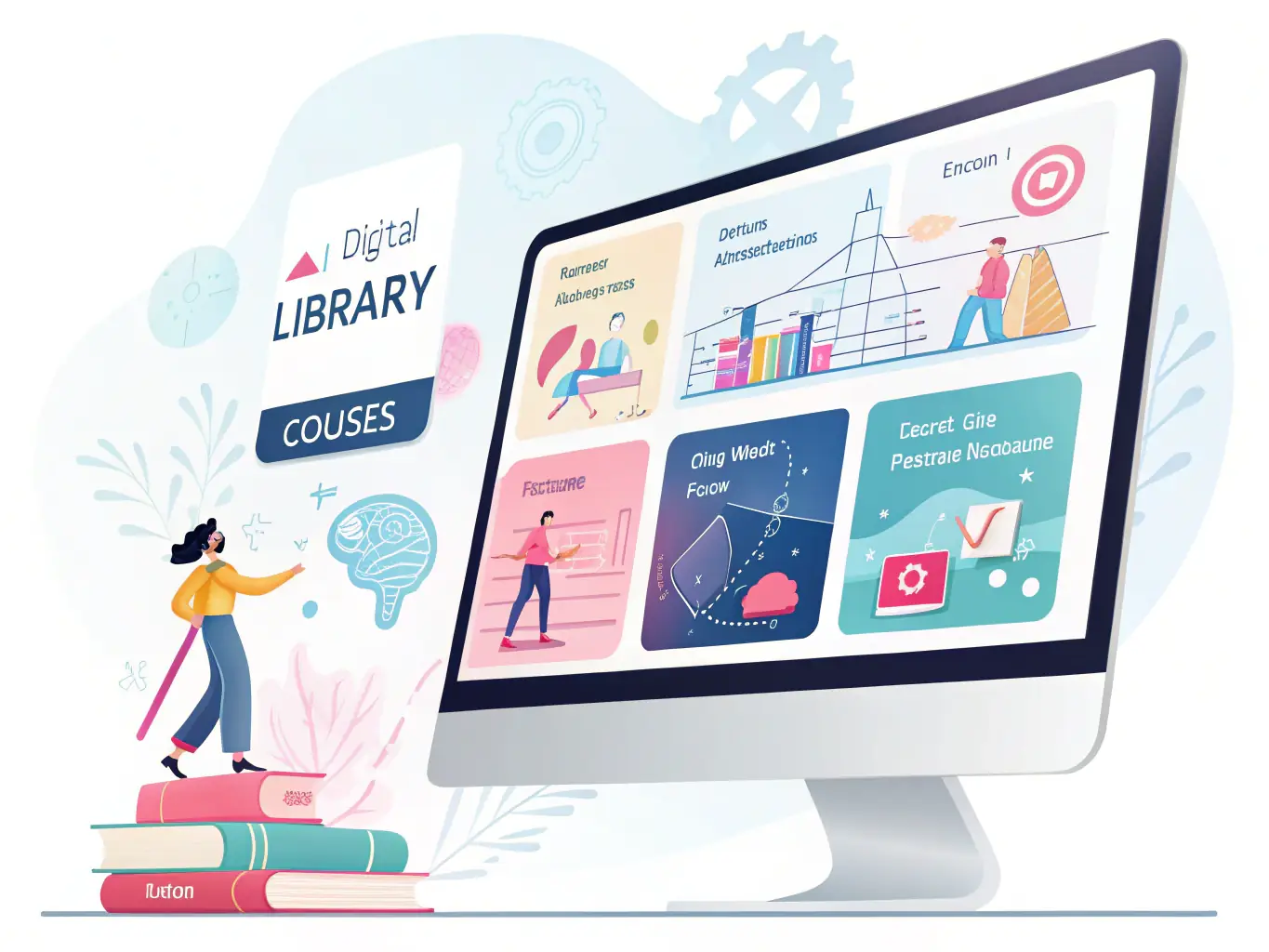 A digital illustration showcasing a user interface with various learning modules and resources, representing the AI Learning Subscriptions. The design is clean and intuitive, highlighting the accessibility and ongoing nature of the training.