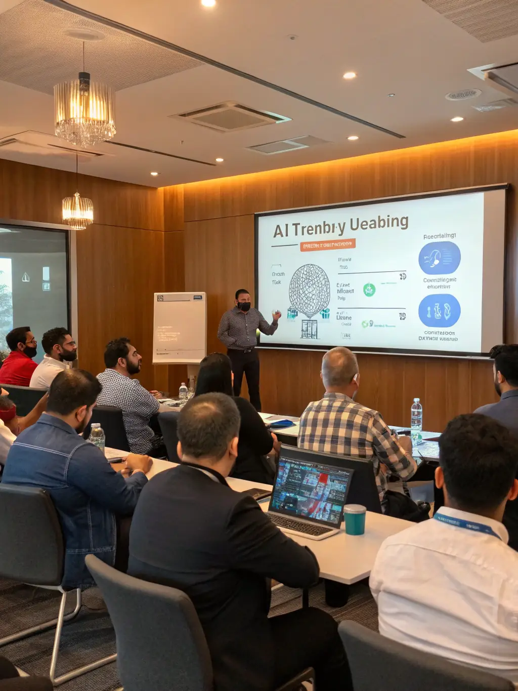 A trainer leading a workshop session with manufacturing professionals, demonstrating AI tools on a large screen, fostering an engaging and hands-on learning environment.