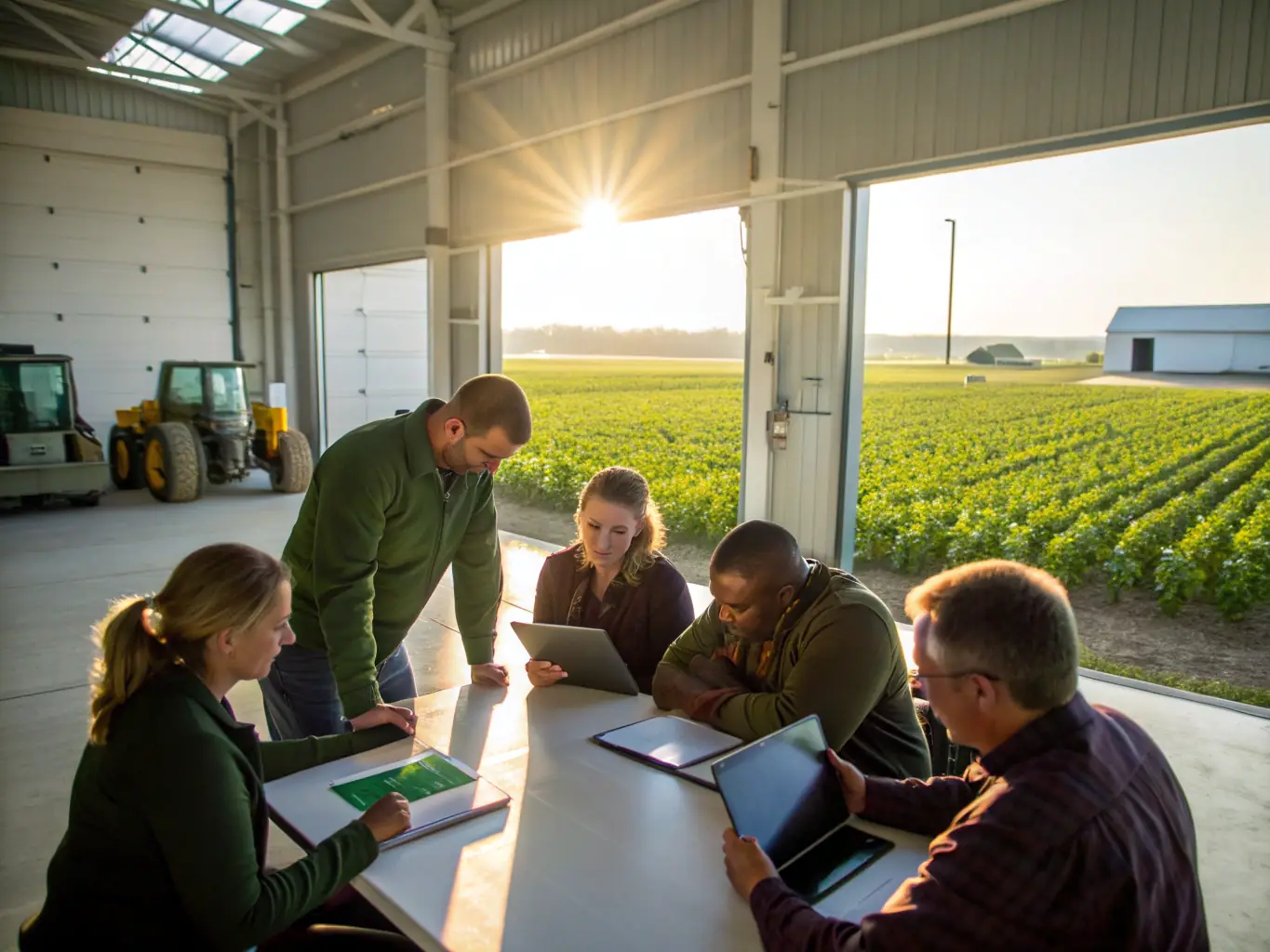 A diverse team of agricultural engineers are collaborating on a project, using tablets and laptops to analyze data in a modern, sunlit office. The scene emphasizes teamwork and the application of AI in agriculture.