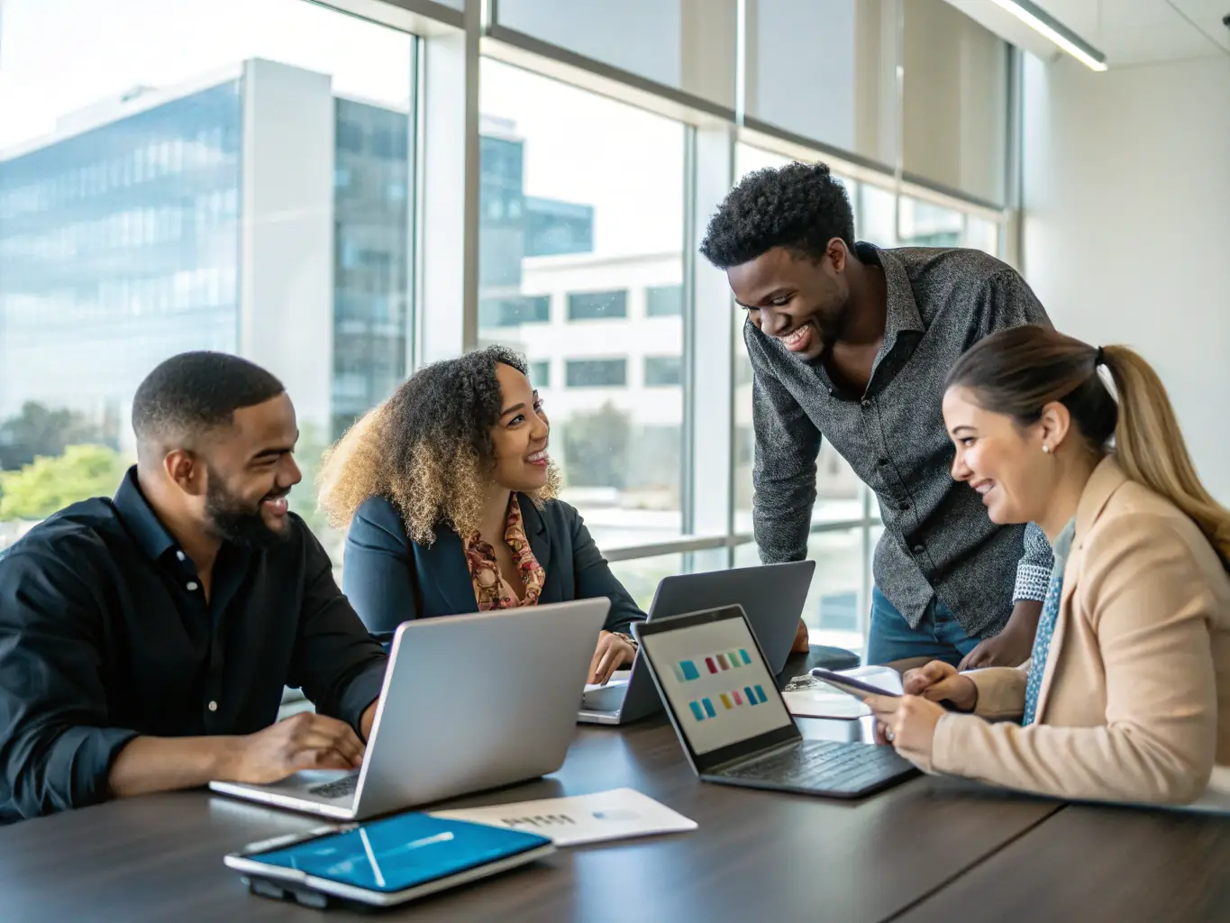 A photograph depicting a diverse group of professionals actively participating in an AI Foundations Workshop, with laptops open and engaged in a hands-on learning activity. The setting is a modern, well-lit conference room, emphasizing collaboration and practical application.