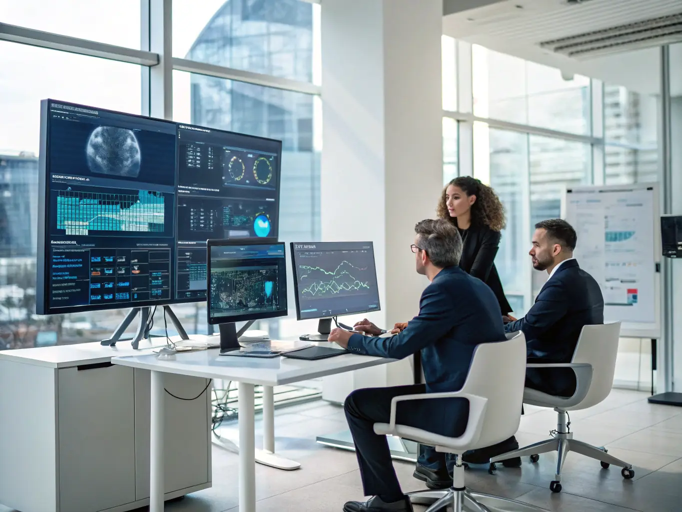 A photograph showing a consultant working closely with a client in a manufacturing setting, reviewing data and discussing AI implementation strategies. The image conveys a sense of partnership and customized solutions.